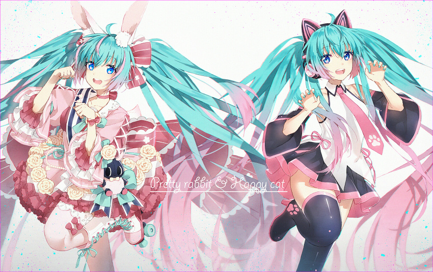 2girls :d animal_ears black_footwear black_skirt black_sleeves blue_eyes boots bunny_pose cat_ear_headphones cat_ears claw_pose collared_shirt commentary covered_collarbone detached_sleeves dual_persona english_text fake_animal_ears gradient_hair green_hair hakusai_(tiahszld) hands_up hatsune_miku headphones high_heel_boots high_heels highres japanese_clothes kimono long_hair long_sleeves multicolored_hair multiple_girls necktie pink_hair pink_kimono pink_necktie pleated_skirt rabbit_ears roller_skates shirt skates skirt sleeveless sleeveless_shirt smile standing standing_on_one_leg streaked_hair symbol-only_commentary thigh_boots twintails very_long_hair vocaloid white_footwear white_shirt wide_sleeves