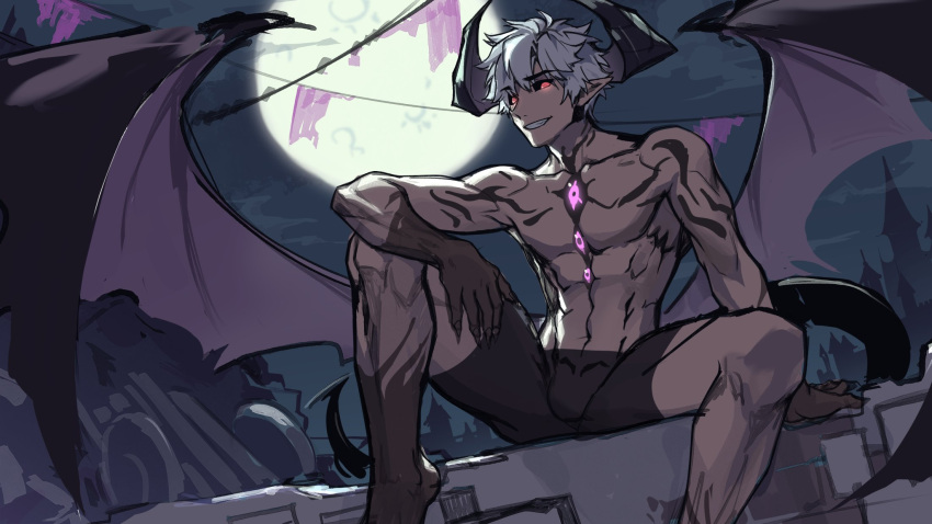 1boy abs arm_support arm_tattoo black_horns black_sclera black_wings bulge castle clouds collarbone colored_sclera demon_boy demon_horns demon_tail demon_wings extra_eyes fingernails glowing glowing_eyes gradient gradient_horns grey_hair hair_between_eyes hand_tattoo highres horns leg_tattoo long_fingernails looking_at_viewer low_wings male_focus moon multicolored_horns multicolored_wings night night_sky original patient_zero pink_sclera pointy_ears purple_horns purple_wings red_eyes sharp_fingernails shoulder_tattoo silhouette sitting sketch sky smile solo tail tattoo teeth toned toned_male topless_male torn torn_wings two-tone_wings very_long_fingernails wings