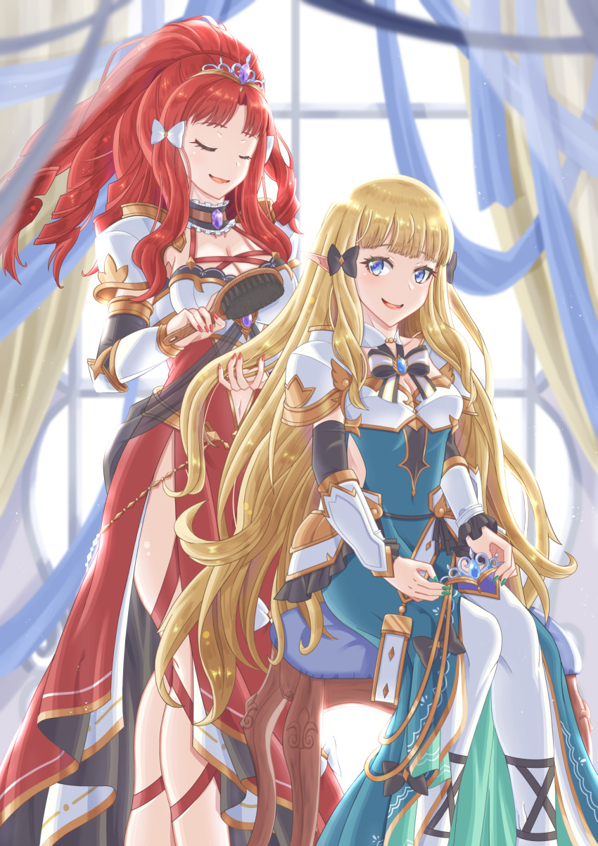 akino_(princess_connect!) bangs black_bow blonde_hair blue_eyes blush bow breasts elf hair_bow hair_ornament highres jewelry large_breasts long_hair multiple_girls open_mouth parted_bangs pointy_ears ponytail princess_connect! redhead saren_(princess_connect!) smile white_bow