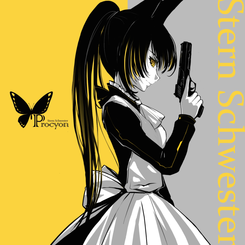 1girl animal_ears black_hair from_side grey_background gun highres holding holding_gun holding_weapon long_hair looking_at_viewer maid original ponytail sanamisa smile solo two-tone_background upper_body weapon yellow_background yellow_eyes