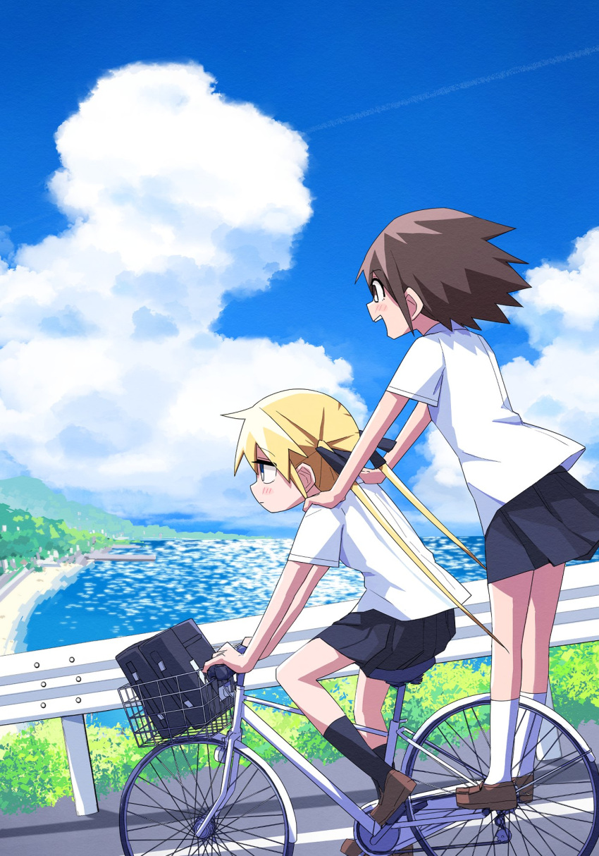 2girls bag beach bicycle black_skirt blonde_hair blue_eyes blue_sky blush brown_eyes brown_footwear brown_hair calf_socks clouds collared_shirt contrail expressionless full_body ground_vehicle hair_blowing highres hill jitome kill_me_baby loafers multiple_girls multiple_riders ocean open_mouth oribe_yasuna outdoors pleated_skirt profile railing riding riding_bicycle road school_bag school_uniform shirt shoes short_hair short_sleeves skirt sky smile sonya_(kill_me_baby) standing summer summer_uniform twintails white_shirt yachima_tana