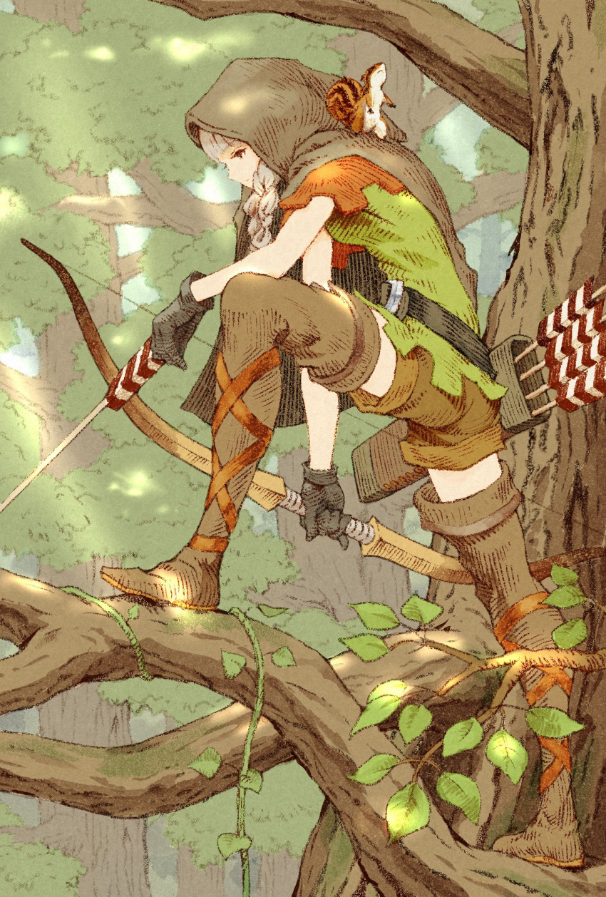 1girl archery arrow_(projectile) bangs belt black_gloves boots bow_(weapon) braid branch breasts brown_cloak brown_shorts cloak dragon's_crown elf_(dragon's_crown) full_body gloves green_tunic grey_hair highres holding holding_arrow holding_bow_(weapon) holding_weapon hood hood_up in_tree leaf leg_ribbon leg_up long_hair looking_to_the_side outdoors petite plant quiver ribbon shinichi_kobe short_shorts shorts small_breasts solo squirrel thigh_boots tree twin_braids vines weapon