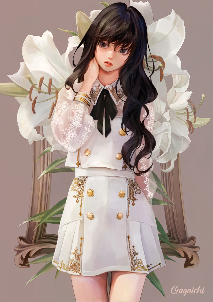 1girl absurdres arm_at_side asymmetrical_hair black_hair black_ribbon brown_background brown_eyes buttons commentary cowboy_shot floral_background flower gagaichi gold_trim hand_on_own_neck hand_up head_tilt highres lily_(flower) long_hair long_sleeves looking_to_the_side neck_ribbon original picture_frame pleated_skirt puffy_sleeves ribbon see-through see-through_sleeves skirt sleeve_cuffs solo thighs wavy_hair white_flower white_skirt wing_collar