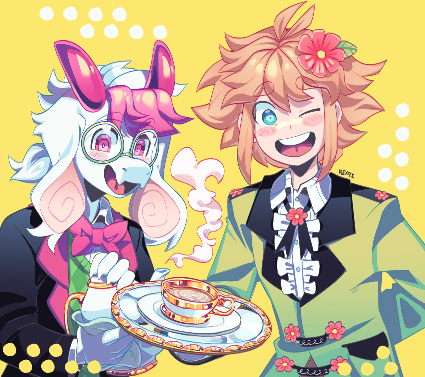 2boys absurdres animal_ears basil_(omori) blonde_hair blue_eyes blush bow bowtie cup deltarune flower furry furry_male glasses green-framed_eyewear hair_flower hair_ornament highres holding holding_teapot holding_tray long_sleeves looking_at_viewer multiple_boys omori one_eye_closed open_mouth pink_bow pink_bowtie ralsei remi_(mozzaremi) round_eyewear short_hair smile tea teacup teapot teeth tray upper_teeth white_hair yellow_background