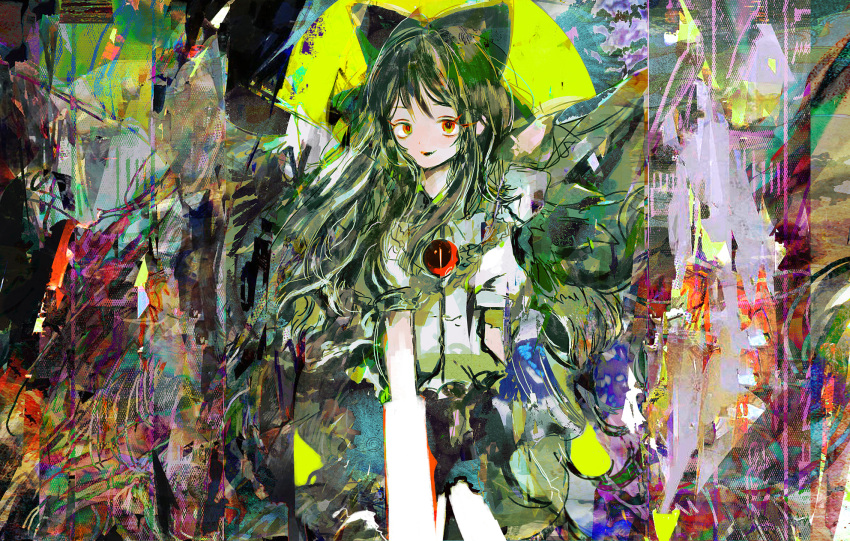 1girl abstract anabone arm_cannon arms_at_sides bird_wings black_bow black_hair black_skirt black_wings blush bow cape commentary english_commentary feathered_wings hair_bow highres long_hair looking_at_viewer parted_lips puffy_short_sleeves puffy_sleeves red_eyes reiuji_utsuho shirt short_sleeves skirt smile solo third_eye touhou very_long_hair weapon white_cape white_shirt wings