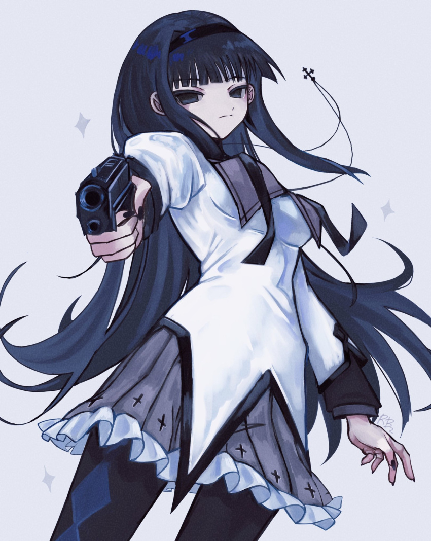 1girl aiming aiming_at_viewer akemi_homura argyle argyle_legwear bangs black_eyes black_hair blunt_bangs capelet cross cross_necklace empty_eyes finger_on_trigger frown gun hairband highres holding holding_gun holding_weapon jewelry long_hair looking_at_viewer mahou_shoujo_madoka_magica necklace pleated_skirt pointing_gun r_(reijibnuy2) simple_background skirt solo weapon white_background
