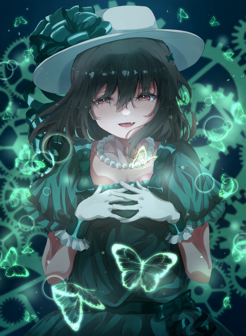 1girl absurdres bug butterfly commentary dark_green_hair dress emotion_(love_live!) facing_viewer fang gears gloves green_dress hat highres jewelry love_live! love_live!_nijigasaki_high_school_idol_club mifune_shioriko nanao_(m44132yf) necklace open_mouth pearl_necklace puffy_short_sleeves puffy_sleeves red_eyes short_hair short_sleeves solo upper_body white_gloves white_headwear