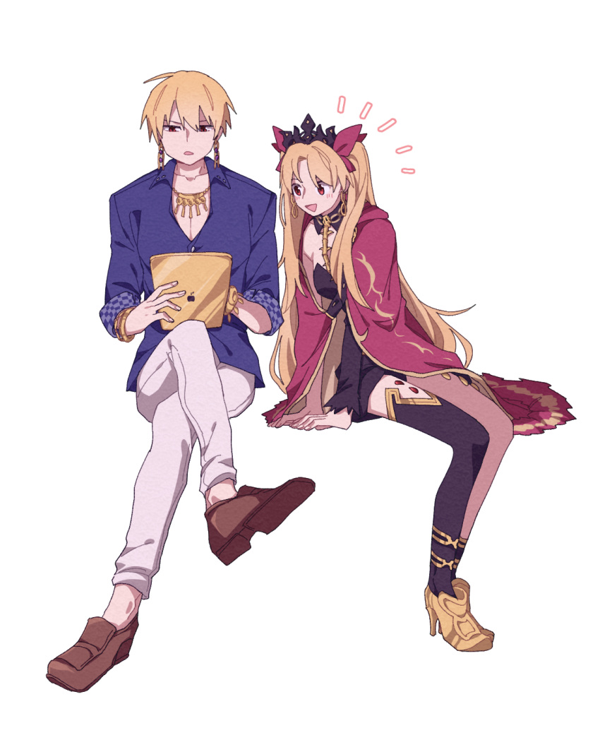 1boy 1girl blonde_hair blue_shirt brown_footwear cape commentary crossed_legs crown earrings ereshkigal_(fate) fate/grand_order fate_(series) gilgamesh_(caster)_(fate) gilgamesh_(fate) high_heels highres hoop_earrings ipad jewelry pants red_cape red_eyes red_ribbon ribbon shirt single_thighhigh skull_collar tablet_pc thigh-highs user_gvjr7435 white_pants