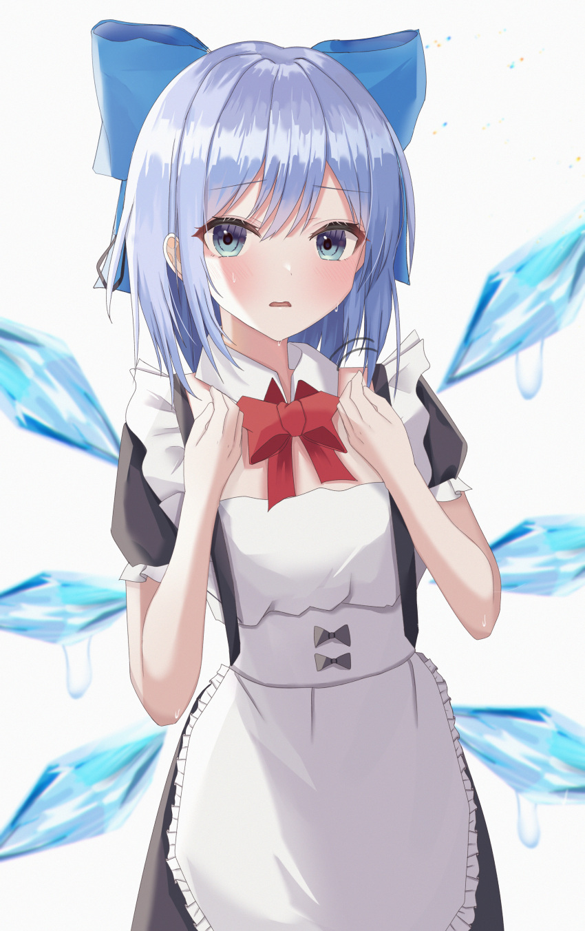 1girl absurdres alternate_costume aohane apron black_dress blue_bow blue_eyes blue_hair blush bow cirno detached_wings dress enmaided fairy frilled_sleeves frills hair_between_eyes hair_bow highres ice ice_wings maid maid_headdress open_mouth short_hair short_sleeves simple_background solo touhou white_apron white_background wings