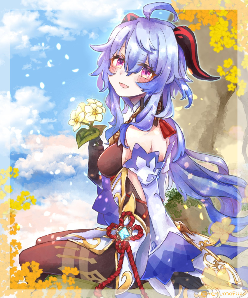 1girl ahoge artist_name bangs bare_shoulders bell black_gloves blue_hair blue_sky blush breasts brown_pantyhose chinese_knot clouds day detached_sleeves flower flower_knot ganyu_(genshin_impact) genshin_impact gloves gold_trim hachisuka_(renka-1207) highres holding holding_flower horns leaf long_hair looking_at_viewer medium_breasts neck_bell outdoors pantyhose qingxin_flower sideboob sidelocks sitting sky smile solo thighlet twitter_username violet_eyes vision_(genshin_impact) white_flower white_sleeves