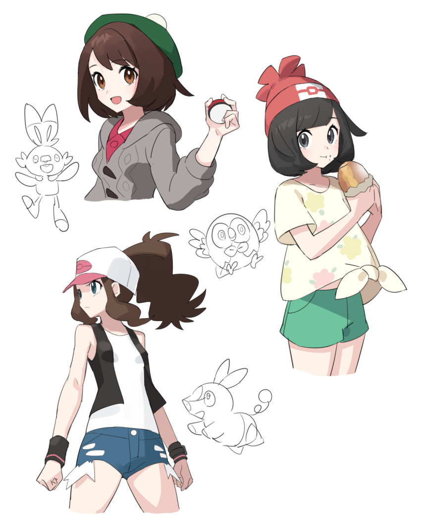 3girls :d bad_link bangs baseball_cap black_vest black_wristband brown_eyes brown_hair buttons cardigan chorefuji commentary_request eating eyelashes food food_on_face gloria_(pokemon) green_headwear green_shorts grey_cardigan hat high_ponytail highres hilda_(pokemon) holding holding_poke_ball looking_at_viewer multiple_girls open_clothes open_mouth open_vest partially_colored poke_ball poke_ball_(basic) pokemon pokemon_(game) pokemon_bw pokemon_sm pokemon_swsh rowlet scorbunny selene_(pokemon) shirt short_shorts shorts sidelocks smile t-shirt tepig tied_shirt vest white_shirt yellow_shirt