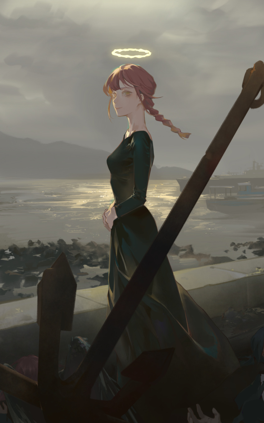 1girl absurdres angel_devil_(chainsaw_man) bangs black_dress bn3ppo braid braided_ponytail brown_hair chainsaw_man clouds dress floating_hair from_side full_body grey_sky halo hands_on_own_stomach highres looking_at_viewer makima_(chainsaw_man) medium_hair mountainous_horizon ocean out_of_frame outdoors overcast own_hands_together ringed_eyes rock ship single_braid smile solo_focus standing water watercraft yellow_eyes