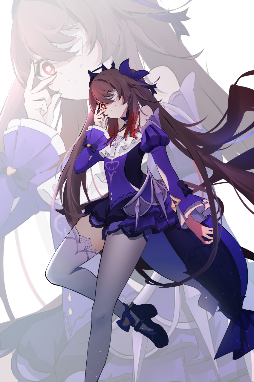 1girl absurdres alternate_costume asymmetrical_legwear bangs brown_hair commentary_request cosplay detached_sleeves eyepatch fischl_(ein_immernachtstraum)_(genshin_impact) fischl_(genshin_impact) fischl_(genshin_impact)_(cosplay) genshin_impact hair_between_eyes highres hu_tao_(genshin_impact) long_hair long_sleeves looking_at_viewer official_alternate_costume ponytail pose qixia red_eyes sidelocks simple_background smile solo standing standing_on_one_leg symbol-shaped_pupils tiara zoom_layer