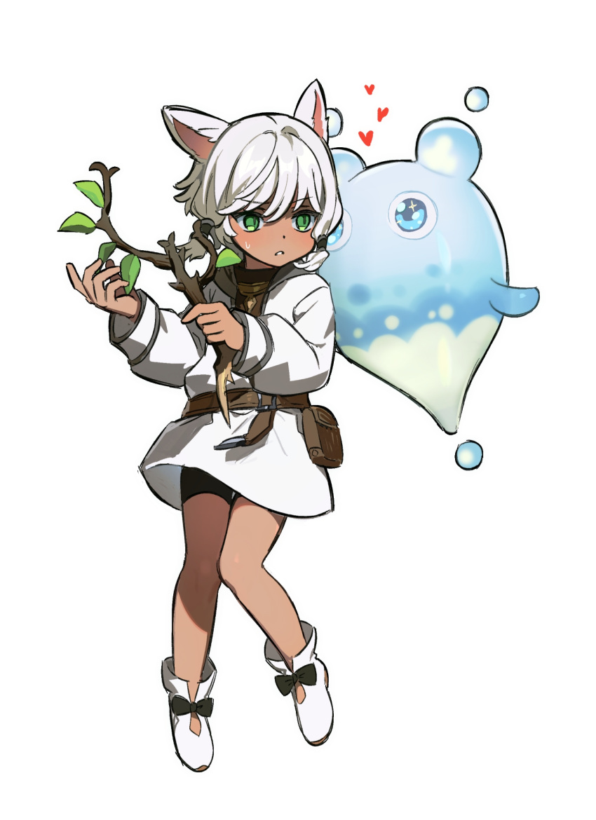 1girl animal_ears bangs belt belt_pouch black_shorts bow cat_ears elemental_(creature) final_fantasy final_fantasy_xiv floating footwear_bow full_body green_eyes hands_up heart highres holding holding_wand jacket knees_together_feet_apart long_sleeves looking_to_the_side low_twintails miqo'te nervous parted_lips pouch shoes short_hair short_twintails shorts simple_background slit_pupils solo standing sweatdrop twintails wand white_background white_footwear white_hair white_jacket wuliu_heihuo y'shtola_rhul younger