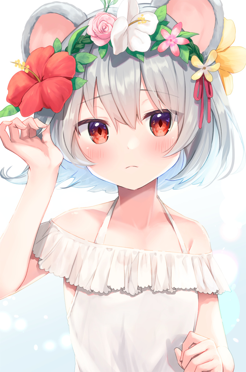 1girl animal_ears bangs bare_shoulders blush closed_mouth collarbone flower hair_flower hair_ornament highres looking_at_viewer mouse_ears nazrin nnyara pink_flower red_eyes red_flower solo touhou upper_body