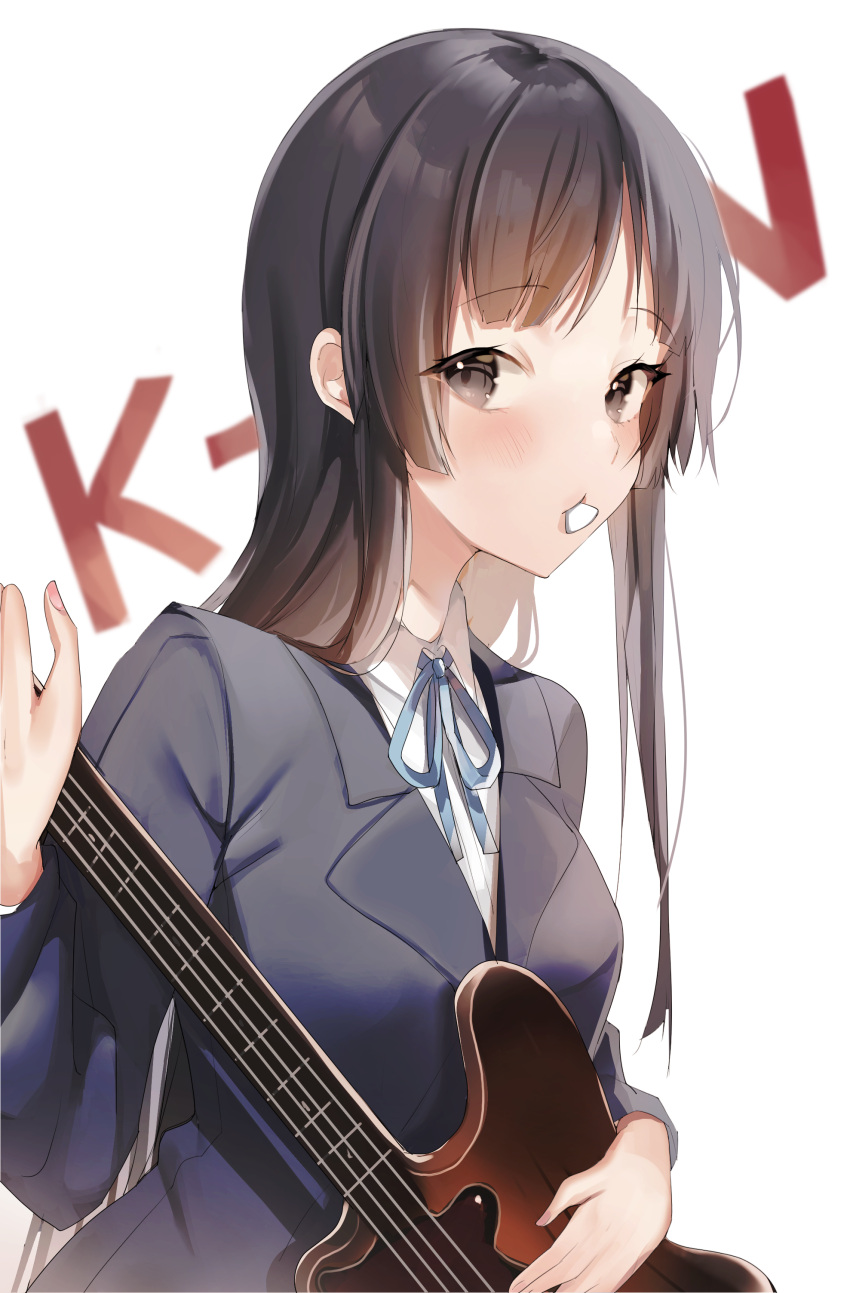 1girl absurdres akiyama_mio bangs bass_guitar black_eyes black_hair blazer blue_jacket blue_ribbon blush collared_shirt commentary english_commentary highres hime_cut holding holding_instrument instrument jacket k-on! long_hair long_sleeves looking_at_viewer maru_ccy mouth_hold neck_ribbon ribbon sakuragaoka_high_school_uniform school_uniform shirt sidelocks simple_background solo upper_body white_background white_shirt