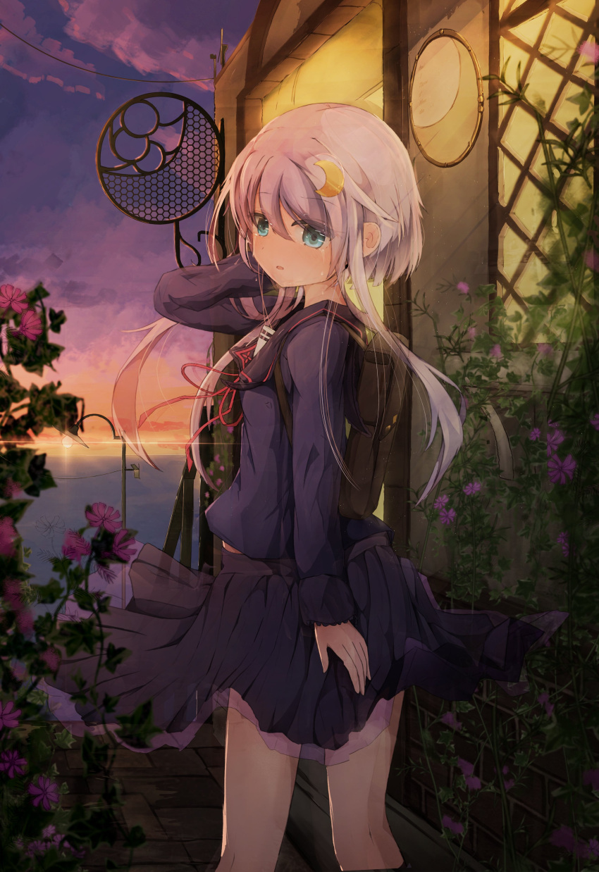 1girl absurdres black_sailor_collar black_skirt blue_eyes blue_shirt crescent crescent_hair_ornament crying crying_with_eyes_open evening frilled_skirt frills hair_ornament highres kantai_collection light_purple_hair long_sleeves miniskirt munehiro_(21plus) neck_ribbon outdoors pleated_skirt red_ribbon ribbon sailor_collar school_uniform serafuku shirt short_hair short_hair_with_long_locks sidelocks skirt solo standing streaming_tears tears yayoi_(kancolle)