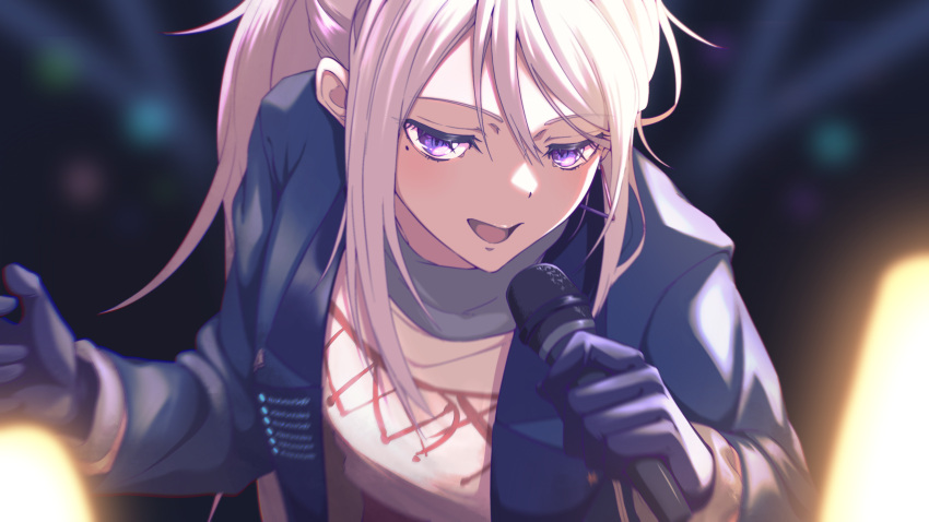 absurdres bangs black_gloves black_jacket commentary_request doki_(oox3o) from_above gloves grey_hair highres higuchi_kaede holding holding_microphone jacket long_hair microphone mole mole_under_eye music nijisanji open_clothes open_jacket open_mouth ponytail singing upper_body violet_eyes virtual_youtuber