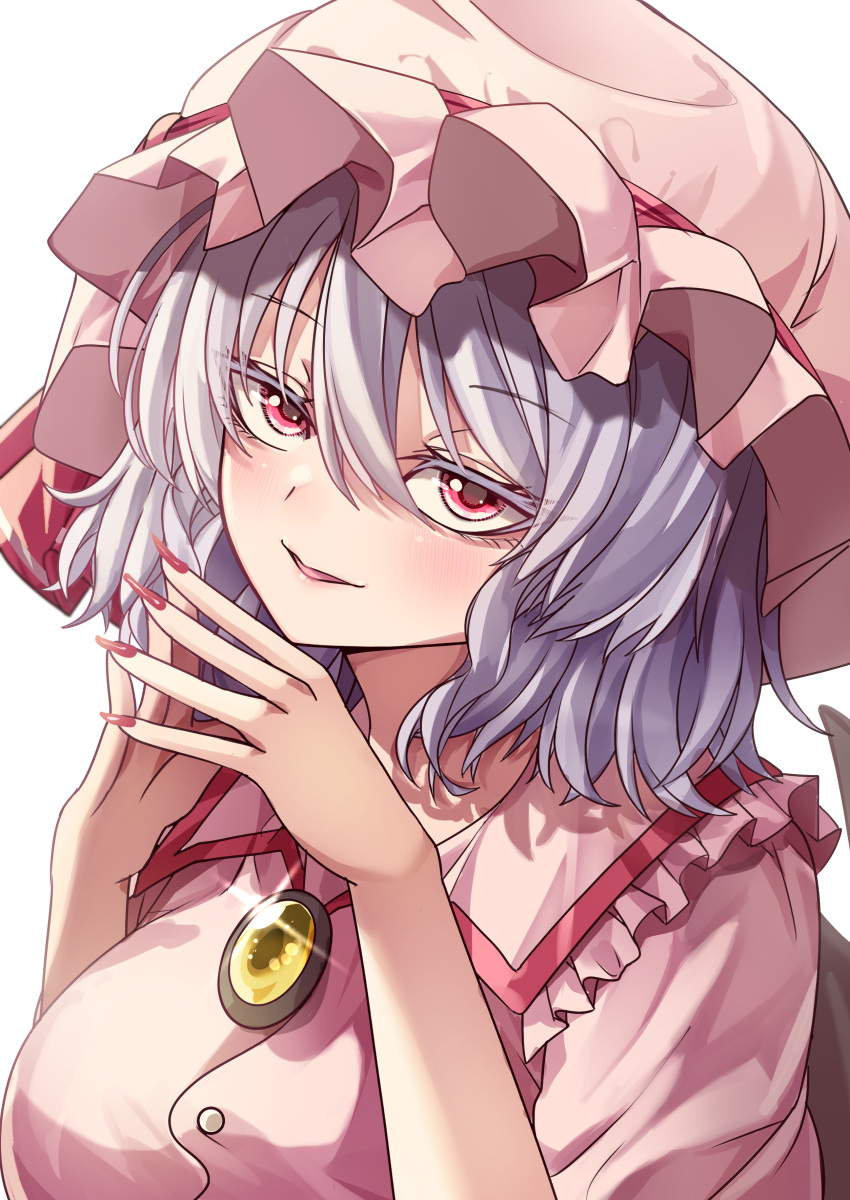 1girl absurdres ascot bat_wings breasts collared_shirt colored_eyelashes frilled_shirt_collar frilled_sleeves frills hat highres light_purple_hair lips maboroshi_mochi medium_breasts mob_cap pink_headwear pink_shirt puffy_short_sleeves puffy_sleeves purple_hair red_ascot red_eyes remilia_scarlet shirt short_hair short_sleeves simple_background smile solo touhou white_background wings