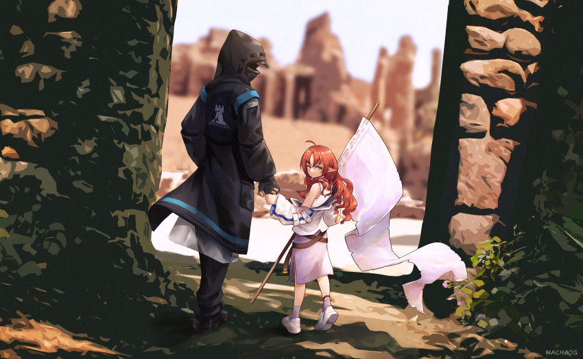 1girl 1other ahoge arknights black_coat black_footwear black_pants coat commentary doctor_(arknights) dwarf fingerless_gloves flag gloves grey_gloves height_difference highres holding holding_finger holding_flag holding_hands hooded_coat jacket leaf long_hair long_sleeves looking_back machaos myrtle_(arknights) off_shoulder open_clothes open_jacket outdoors pants pillar plant pointy_ears purple_skirt purple_socks redhead rhodes_island_logo rock shade shoes skirt sneakers socks tank_top white_footwear white_jacket white_tank_top