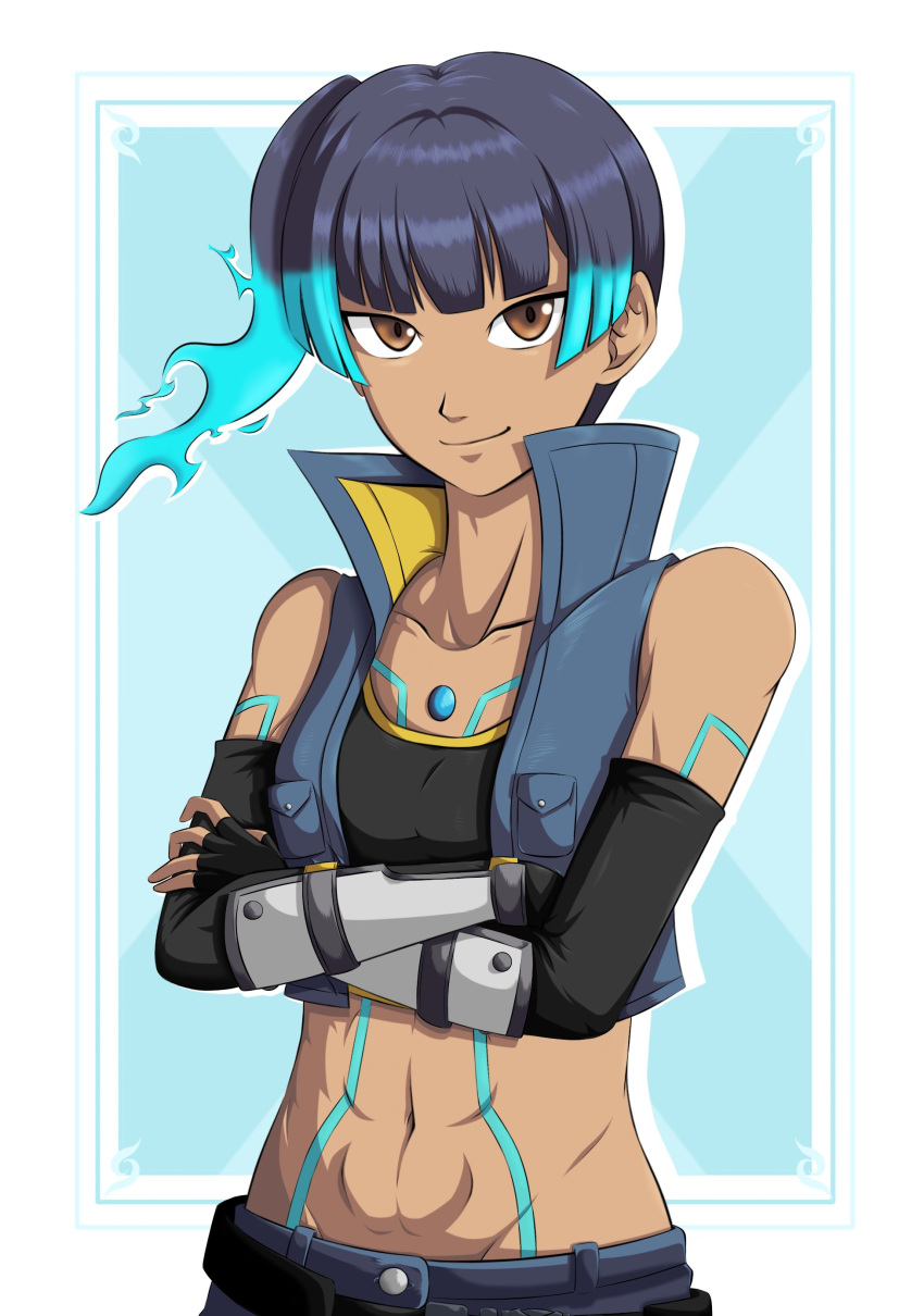 abs absurdres arm_guards blue_fire blue_hair brown_eyes chest_jewel crossed_arms dark-skinned_female dark_blue_hair dark_skin denim ememtrp fire gem glowing_markings highres jacket muscular muscular_female pocket sena_(xenoblade) simple_background smile xenoblade_chronicles_(series) xenoblade_chronicles_3