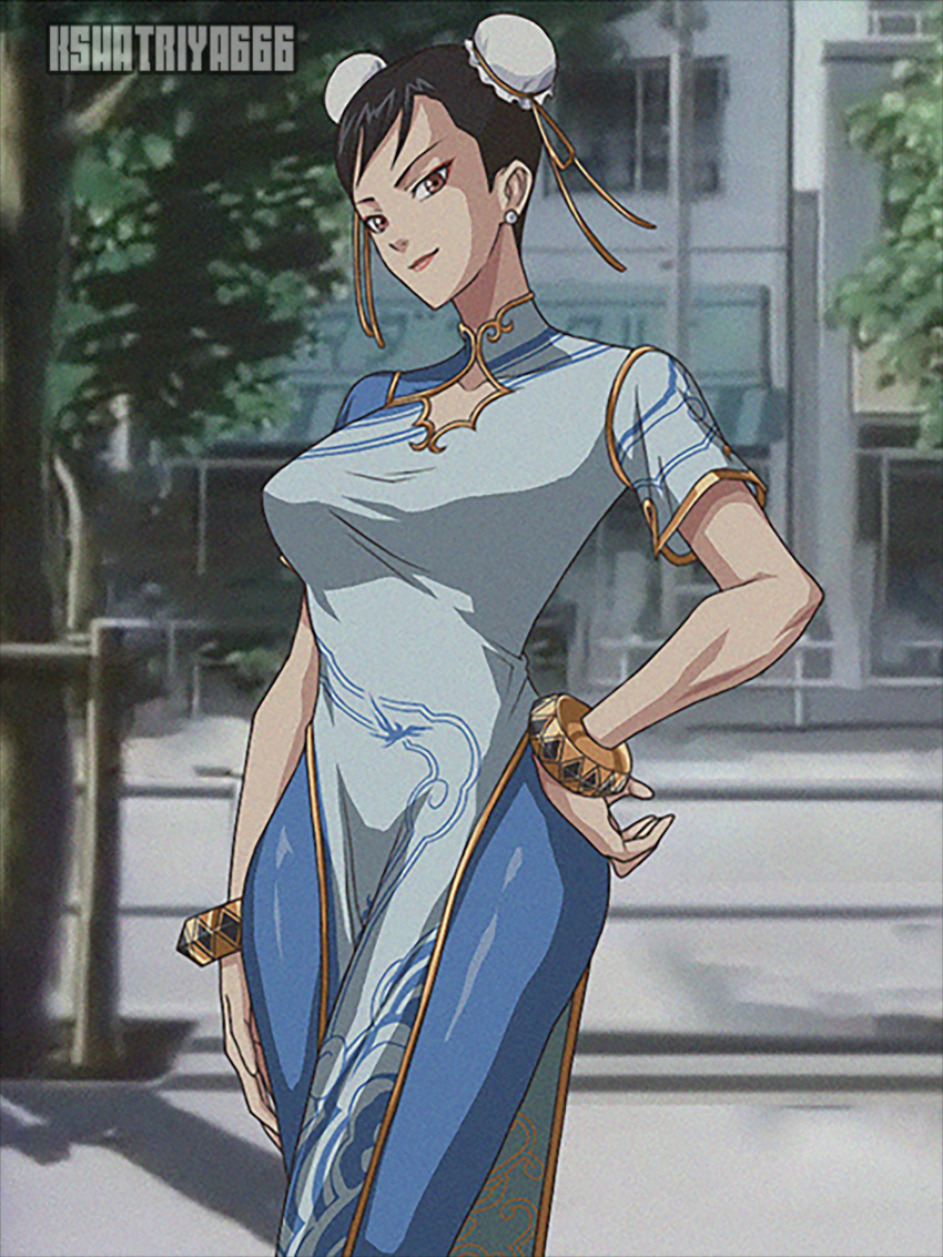 1990s_(style) 1girl absurdres bracelet brown_eyes brown_hair bun_cover china_dress chinese_clothes chun-li commission double_bun dress hair_bun hand_on_hip highres jewelry kshatriya_666 looking_at_viewer retro_artstyle solo standing street_fighter street_fighter_6 tree