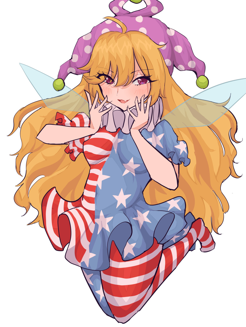 1girl absurdres ahoge alternate_hair_color american_flag_dress american_flag_pants bangs blush breasts clownpiece commentary_request dress eyes_visible_through_hair fairy_wings fang hair_between_eyes hands_up hat highres jester_cap jumping long_hair looking_to_the_side mugi_(mugimugi_9kv) neck_ruff no_shoes open_mouth orange_hair pants polka_dot purple_headwear short_sleeves simple_background small_breasts smile solo star_(symbol) star_print striped striped_dress striped_pants tongue touhou violet_eyes white_background wings