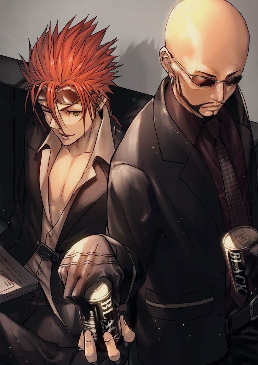 2boys bald bangs belt black_gloves black_jacket black_pants black_shirt can collarbone earrings facial_hair facial_mark final_fantasy final_fantasy_vii final_fantasy_vii_remake fingerless_gloves formal gloves goatee goggles goggles_on_head highres holding holding_can jacket jewelry low_ponytail male_focus multiple_boys multiple_earrings nakanishi_tatsuya necktie one_eye_closed open_clothes open_shirt pants paper parted_bangs parted_lips pectorals redhead reno_(ff7) rude_(ff7) shirt sideburns smile spiky_hair suit sunglasses upper_body white_shirt