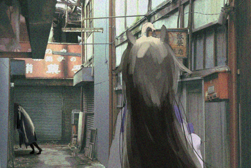 1girl 1other abandoned absurdres ahoge alley animal_ears black_cloak black_hair building city cloak day facing_away film_grain from_behind ghost hand_up highres horror_(theme) horse_ears horse_girl kakuriyo_rei lamppost leaning_on_object long_hair mailbox_(incoming_mail) manhattan_cafe_(umamusume) outdoors power_lines purple_sailor_collar sailor_collar school_uniform shirt shopping_district shutter sign tracen_school_uniform umamusume white_hair white_shirt window