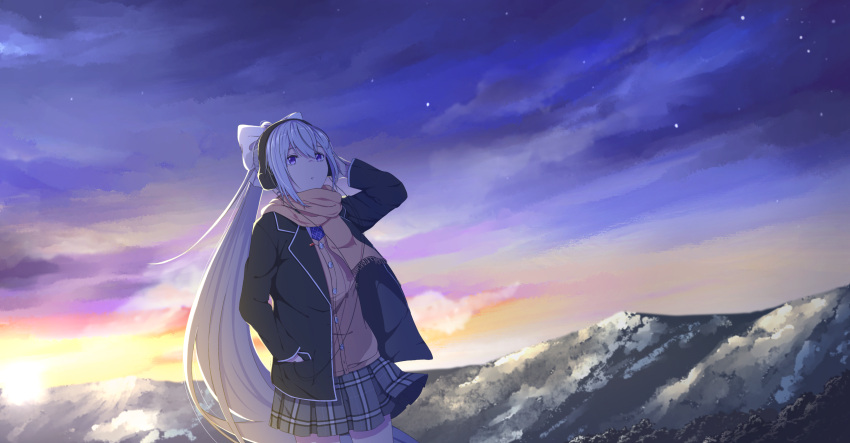 1girl absurdres bangs black_jacket blazer bow cardigan_vest closed_mouth doki_(oox3o) evening grey_hair grey_skirt hair_bow hand_in_pocket hand_on_headphones headphones highres higuchi_kaede jacket long_hair long_sleeves mole mole_under_eye mountain night night_sky nijisanji open_clothes open_jacket outdoors plaid plaid_skirt pleated_skirt ponytail school_uniform skirt sky solo standing star_(sky) very_long_hair violet_eyes virtual_youtuber white_bow