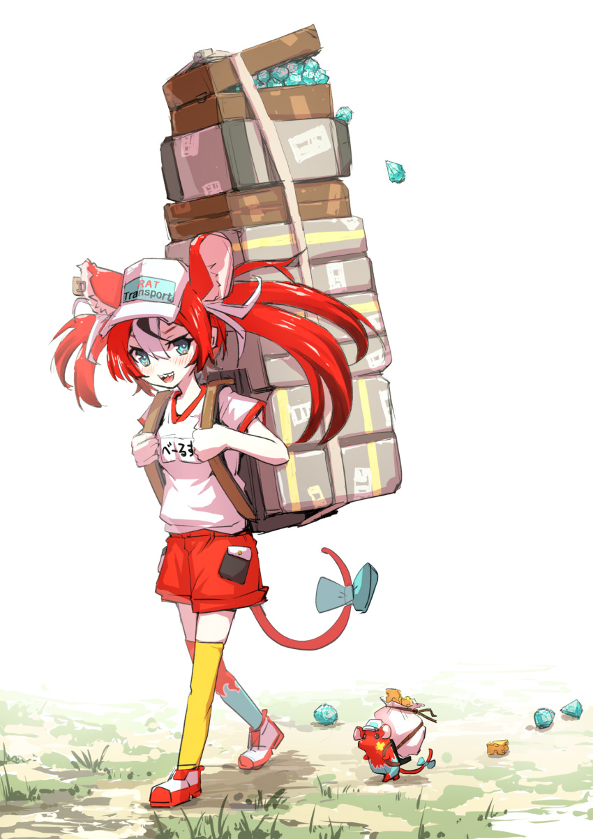 1girl :d animal_ear_fluff animal_ears asymmetrical_legwear backpack bag black_hair bow carrying cheese english_commentary food full_body gem grass gym_uniform hair_between_eyes hakos_baelz hat highres hololive hololive_english long_hair looking_at_viewer mitsuru_(pixiv_34028718) mouse mouse_ears mouse_girl mouse_tail mr._squeaks_(hakos_baelz) multicolored_hair open_mouth outdoors over-kneehighs pocket red_shorts redhead sharp_teeth short_sleeves shorts simple_background smile solo streaked_hair tail tail_bow tail_ornament teeth thigh-highs upper_teeth virtual_youtuber walking white_background white_hair