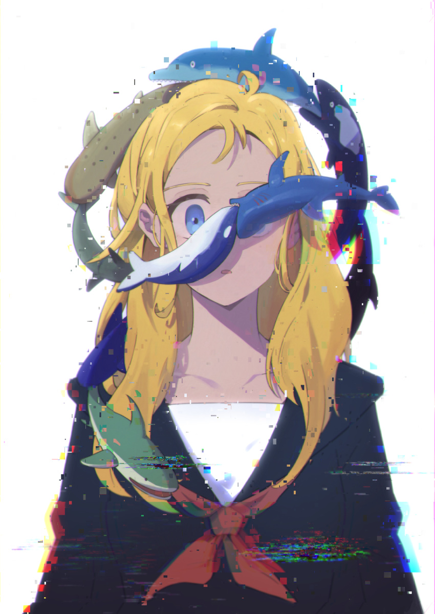 1girl absurdres alternate_costume animal black_shirt blonde_hair blue_eyes breasts collarbone dolphin glitch highres kofune_ushio long_hair looking_at_viewer one_eye_covered open_mouth orca school_uniform shark shijiujing shirt simple_background solo summertime_render undersized_animal upper_body white_background