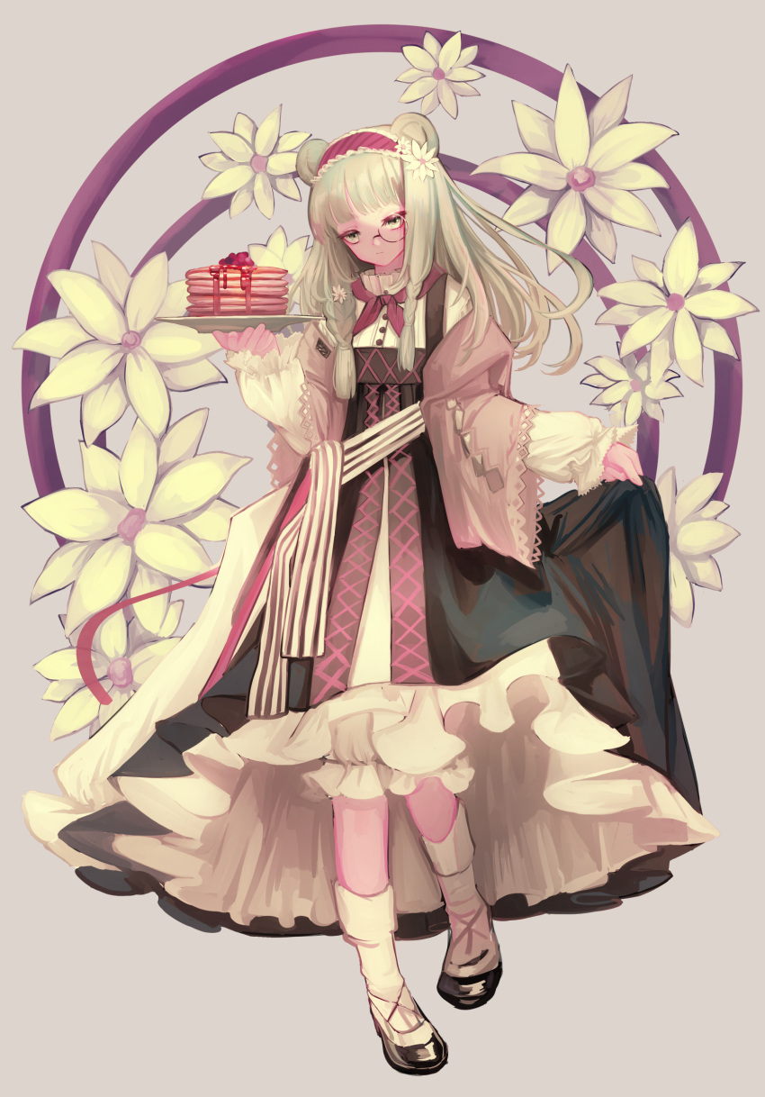 1girl animal_ears arknights bear_ears bear_girl black_dress black_footwear braid brown_jacket clothes_lift dress dress_lift flats flower food frilled_hairband frills full_body green_eyes green_hair grey_background hair_flower hair_ornament hairband hemorina highres holding holding_plate istina_(arknights) istina_(bibliosmia)_(arknights) jacket lifted_by_self long_hair long_sleeves monocle neckerchief official_alternate_costume open_clothes open_jacket pancake pancake_stack plate red_hairband red_neckerchief side_braids simple_background socks solo standing traditional_clothes white_flower white_socks