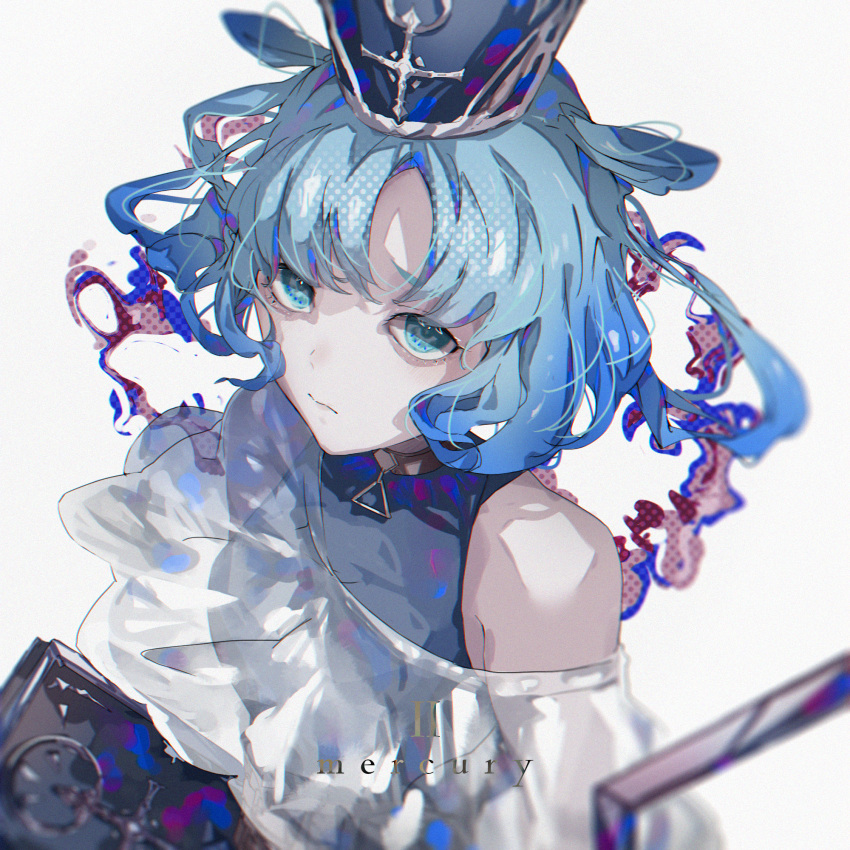 black_headwear blue_eyes blue_hair character_name gradient_hair hat highres light_blue_hair looking_at_viewer mercury_(planet) multicolored_hair original personification see-through simple_background sleeveless to/garashi upper_body white_background