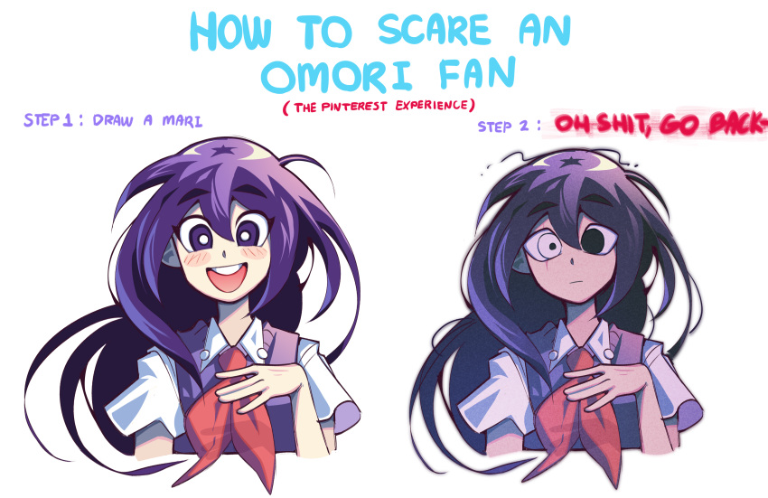 1girl absurdres black_eyes black_hair blush closed_mouth english_text expressionless hand_on_own_chest highres looking_at_viewer mari_(omori) neckerchief omori open_mouth red_neckerchief remi_(mozzaremi) scar scar_across_eye smile solo spoilers teeth upper_teeth