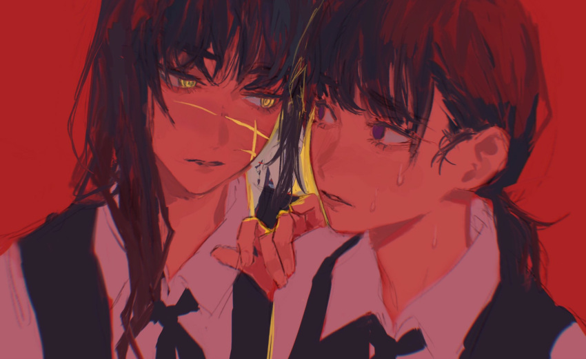 2girls @_@ bangs black_hair chainsaw_man collared_shirt hand_on_another's_shoulder highres keibleh long_hair looking_at_another mitaka_asa multiple_girls nervous red_background ribbon ringed_eyes scar scar_on_cheek scar_on_face school_uniform shirt sweat war_devil_(chainsaw_man) white_shirt worried yellow_eyes