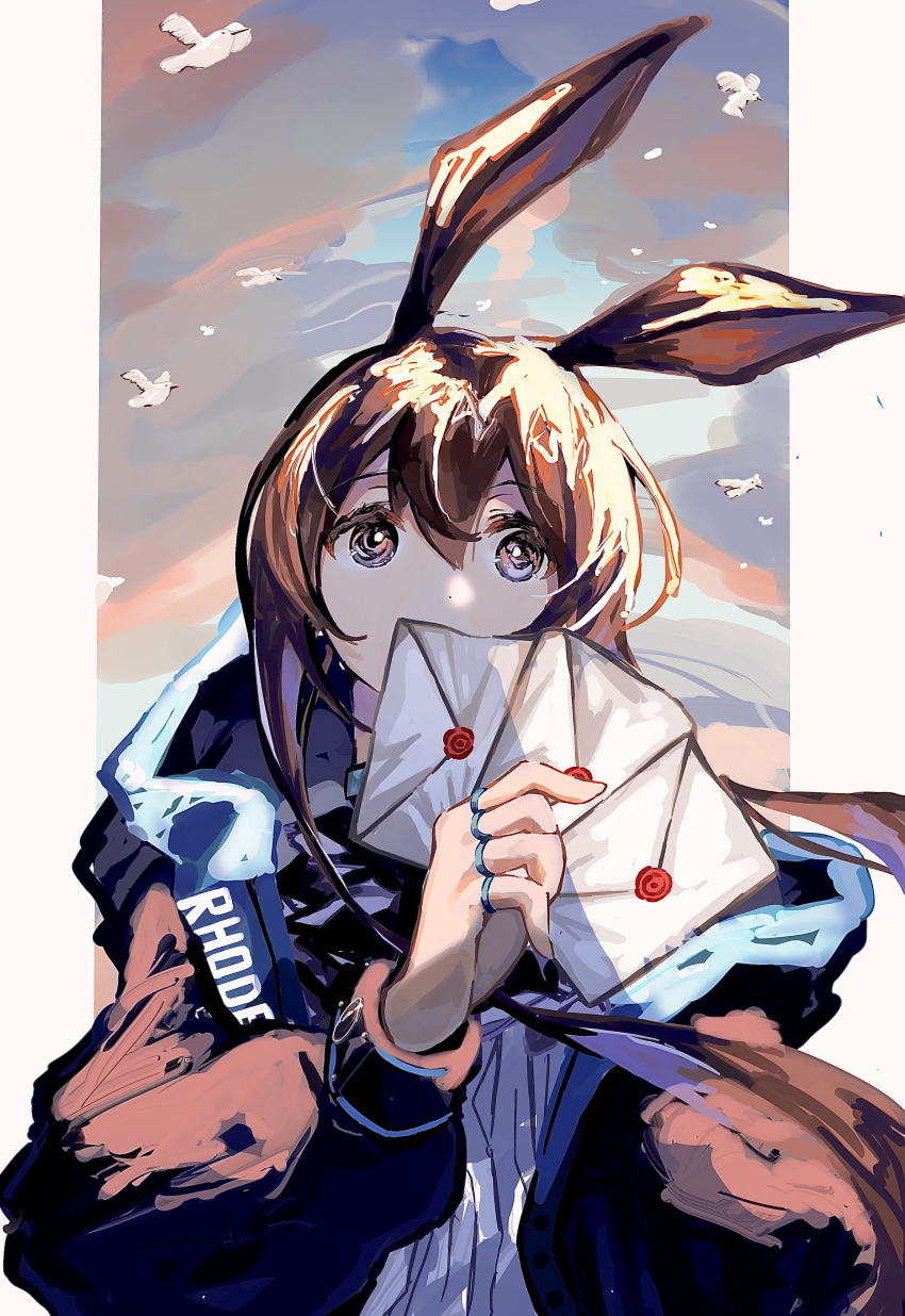 1girl absurdres amiya_(arknights) animal_ears arknights black_jacket blue_collar blue_eyes brown_hair clothes_writing collar covered_mouth envelope hair_between_eyes hand_up highres holding holding_envelope jacket jewelry long_hair multiple_rings neck_ring open_clothes open_jacket rabbit_ears rabbit_girl ring shion_(1016_shio) shirt sidelocks solo upper_body wax_seal white_shirt