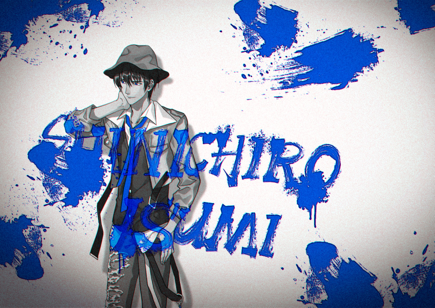 1boy bangs blue_necktie blue_theme character_name collared_shirt cowboy_shot cropped_jacket hand_up hat hikaru_no_go hun_(endlesslovehikaru) isumi_shin'ichirou long_sleeves looking_away male_focus monochrome necktie paint_on_clothes paint_splatter pants shirt short_hair smile solo spot_color suspenders_hanging thumb_in_pocket untucked_shirt