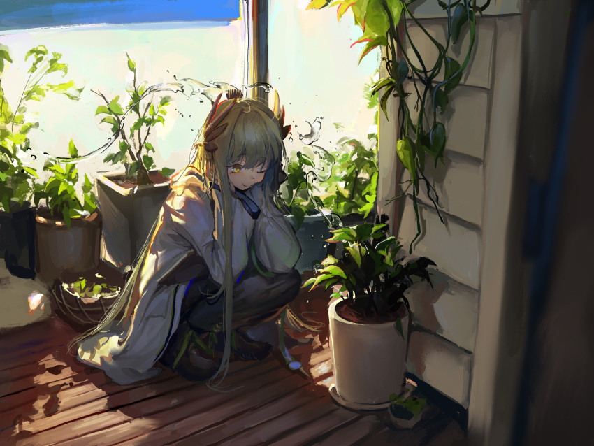 1girl absurdres arknights beach furioso grey_hair grey_pants highres jacket long_hair muelsyse_(arknights) pants plant potted_plant solo squatting sunlight very_long_hair wall water white_jacket wooden_floor yellow_eyes