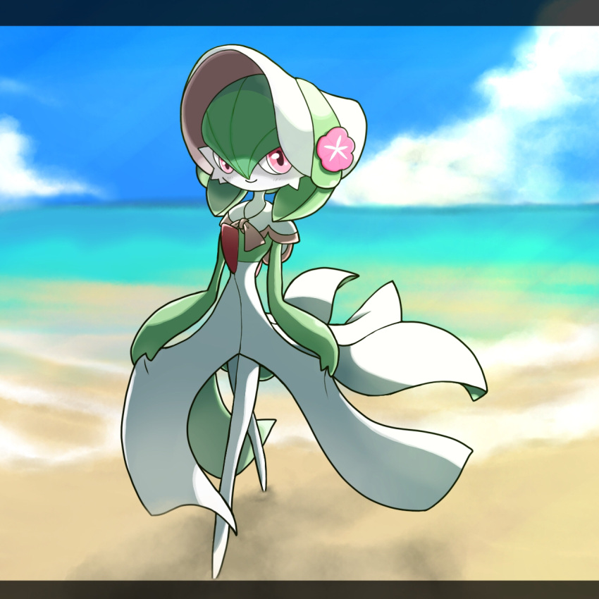 1girl backlighting bangs beach blue_sky blush bob_cut bonnet capelet closed_mouth clothed_pokemon clouds colored_skin commentary_request day flat_chest flower full_body gardevoir green_hair green_skin hair_between_eyes happy hat hat_flower highres horizon letterboxed light_blush looking_at_viewer monya multicolored_skin ocean outdoors partial_commentary pink_eyes pink_flower pink_trim pokemon pokemon_(creature) pokemon_(game) pokemon_unite sand short_hair sky smile solo standing two-tone_skin walking water white_capelet white_headwear white_skin