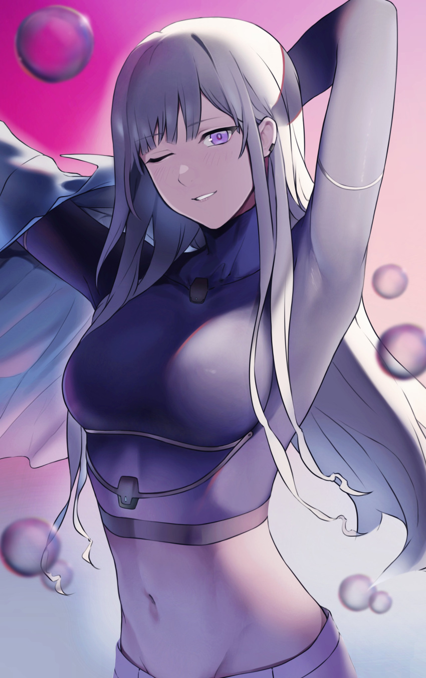 1girl absurdres ak-12_(girls'_frontline) artificial_eye bangs breasts girls_frontline grin highres large_breasts long_hair mechanical_eye midriff navel one_eye_closed saiun_sigma skin_tight smile tactical_clothes violet_eyes