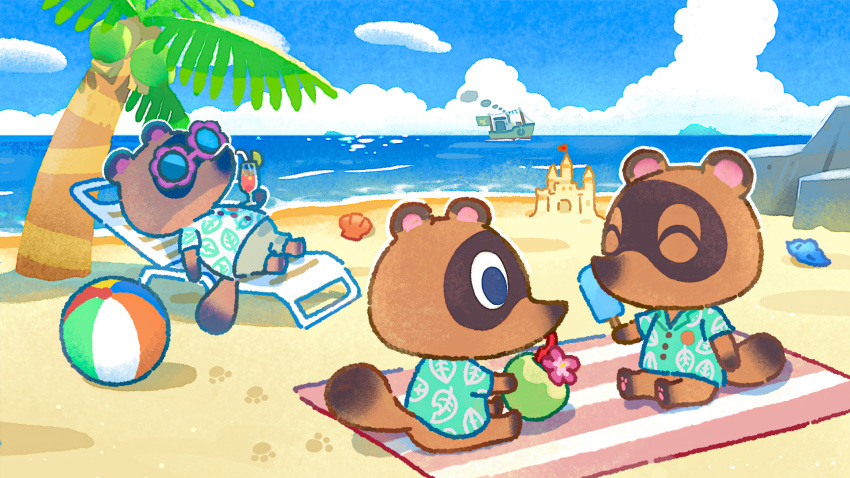 3boys ^_^ animal_crossing ball beachball blue_eyes boat closed_eyes clouds day drinking food footprints green_shirt highres holding leaf_print lying male_focus multiple_boys official_art on_back outdoors palm_tree popsicle purple-framed_eyewear sand sand_castle sand_sculpture seashell shell shirt shore sitting sky sunglasses timmy_(animal_crossing) tom_nook_(animal_crossing) tommy_(animal_crossing) tree water watercraft