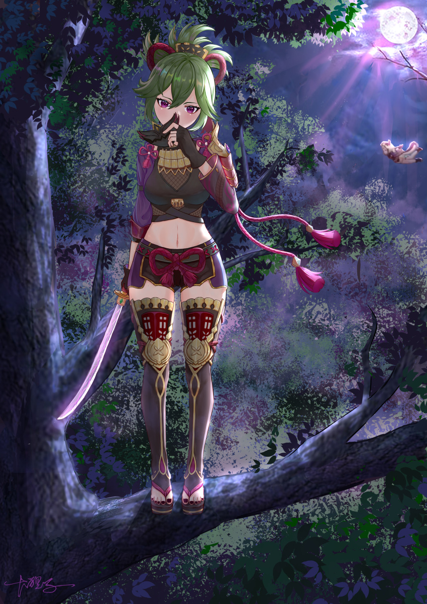 1girl absurdres armor bangs black_shorts branch clouds cloudy_sky commentary_request full_body full_moon genshin_impact green_hair hair_between_eyes hair_ornament highres holding holding_sword holding_weapon japanese_clothes katana kuki_shinobu long_hair long_sleeves looking_at_viewer mask mask_removed moon moonlight mouth_mask muyuchengfengyh navel night night_sky ninja ponytail rope shimenawa short_shorts shorts shoulder_armor sidelocks sky solo standing stomach sword tree violet_eyes weapon zettai_ryouiki