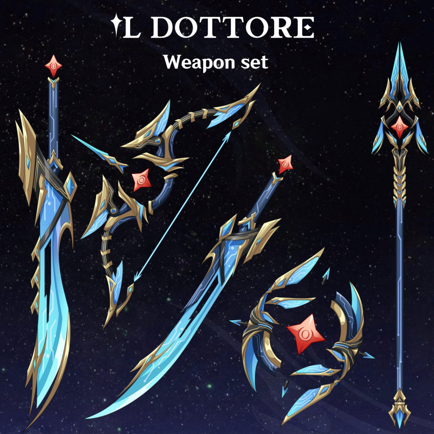 bow_(weapon) character_name claymore_(sword) deru_akayama dottore_(genshin_impact) genshin_impact highres night no_humans polearm sky star_(sky) starry_sky sword weapon weapon_focus