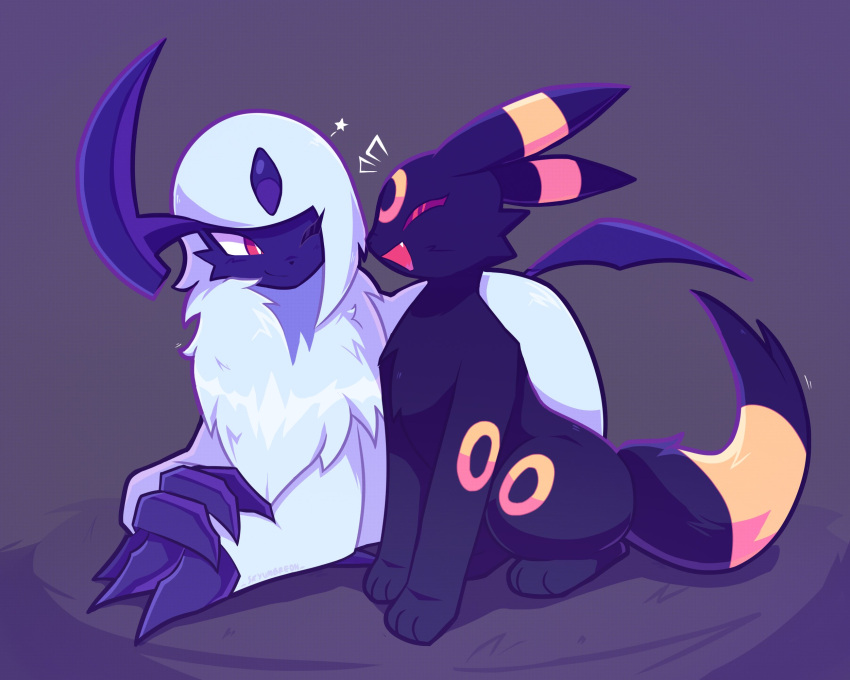 absol bright_pupils claws closed_eyes english_commentary fang forehead_jewel happy highres horns lying no_humans one_eye_closed open_mouth pokemon pokemon_(creature) pokemon_focus red_eyes single_horn sitting skyumbreon smile umbreon white_pupils