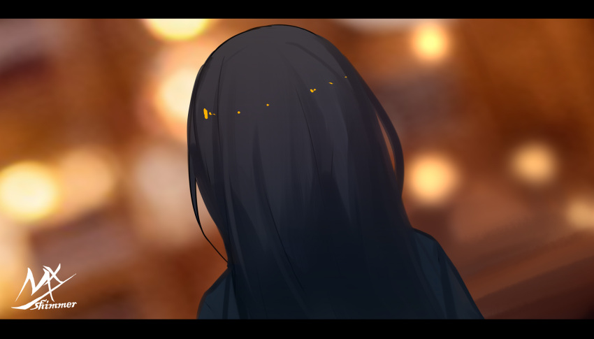 1girl artist_name black_hair black_jacket blurry blurry_background commentary_request depth_of_field from_behind highres inoue_takina jacket letterboxed long_hair lycoris_recoil shimmer signature solo