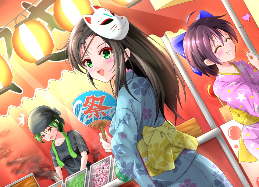 3girls :d ahoge bangs black_hair blush bow burning burnt_food chewing closed_eyes crossed_arms eating festival floral_print food food_on_face food_stand fox_mask green_eyes green_hair hair_bow hand_fan head_scarf heart highres holding holding_fan japanese_clothes kimono kyomei lantern long_hair looking_at_viewer looking_back mask mask_on_head multiple_girls notice_lines obi open_mouth original parted_bangs purple_hair sash shirt short_hair smile smoke solo_focus spoken_heart star_(symbol) star_print surprised sweat t-shirt toothpick water_yoyo yellow_eyes