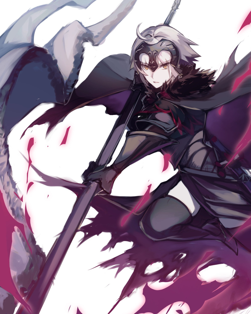 1girl absurdres ahoge armor armored_dress black_armor black_cape black_dress black_gloves black_thighhighs cape commentary dress fate/grand_order fate_(series) fire flag fur-trimmed_cape fur_trim gauntlets gloves headpiece highres holding holding_flag holding_weapon jeanne_d'arc_alter_(avenger)_(fate) jeanne_d'arc_alter_(avenger)_(first_ascension)_(fate) jeanne_d'arc_alter_(fate) kashia looking_back purple_fire short_hair simple_background solo sword thigh-highs thighs torn_cape torn_clothes weapon white_background white_hair yellow_eyes