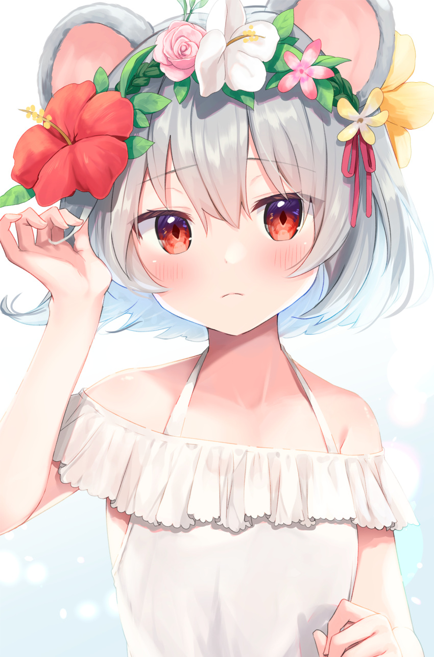 1girl animal_ears bangs bare_shoulders blush closed_mouth collarbone flower hair_flower hair_ornament highres looking_at_viewer mouse_ears nazrin nnyara pink_flower red_eyes red_flower solo touhou upper_body