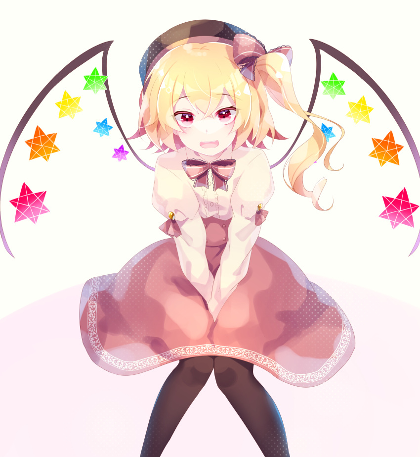 1girl absurdres alternate_costume bangs beret between_legs black_headwear black_pantyhose blonde_hair bow bowtie brown_bow brown_bowtie brown_skirt center_frills commentary feet_out_of_frame flandre_scarlet frills hair_bow hand_between_legs hat highres lace-trimmed_bow lace_trim long_hair long_sleeves looking_at_viewer one-hour_drawing_challenge one_side_up open_mouth pantyhose raised_eyebrows red_eyes shinketsu_kanyu shirt skirt small_stellated_dodecahedron solo teeth touhou upper_teeth white_background white_shirt wings